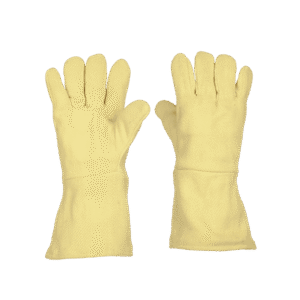 HRG 402 premium industrial safety leather hand gloves in yellow and white.