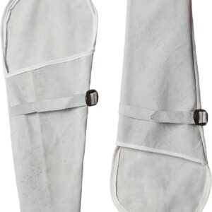 Safewell grey leather industrial hand gloves with extended protective forearm sleeves.