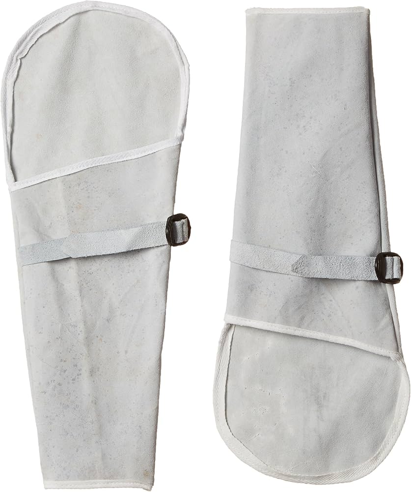 Safewell grey leather industrial hand gloves with extended protective forearm sleeves.