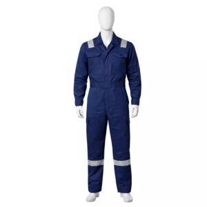 A full-length dark blue industrial safety boiler suit with reflective strips on the shoulders, displayed on a white mannequin.