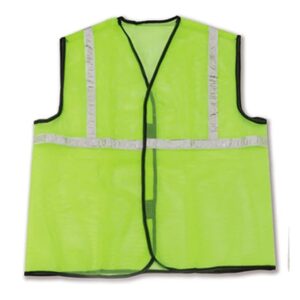 Front view of a fluorescent green Udyogi high-visibility reflective safety jacket with silver reflective stripes on a white background