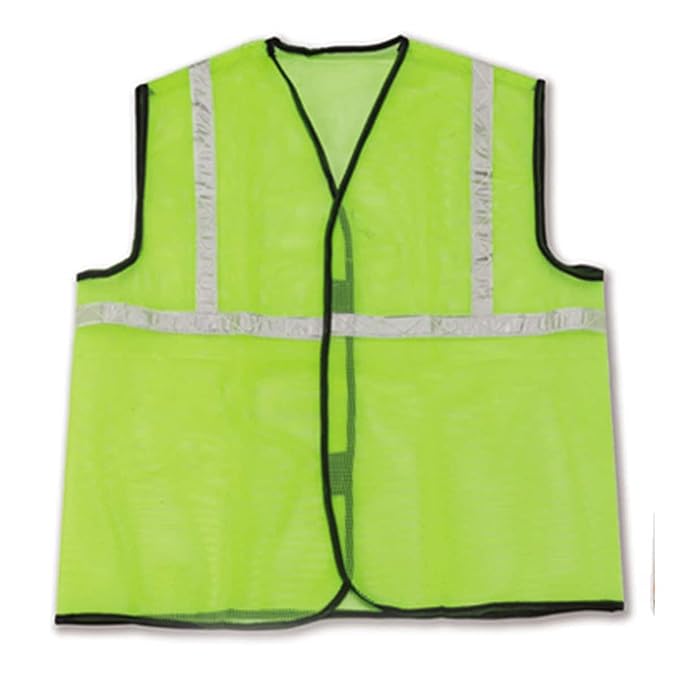 Front view of a fluorescent green Udyogi high-visibility reflective safety jacket with silver reflective stripes on a white background
